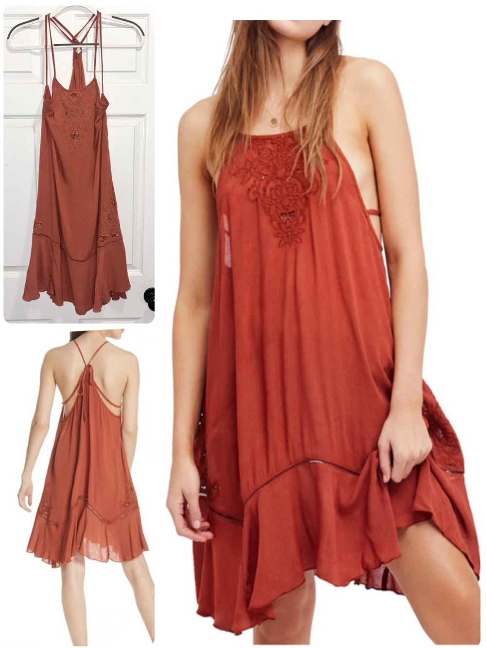 Free People Heat Wave Embroidered Mini Dress Sleeveless Tunic Terracotta Medium